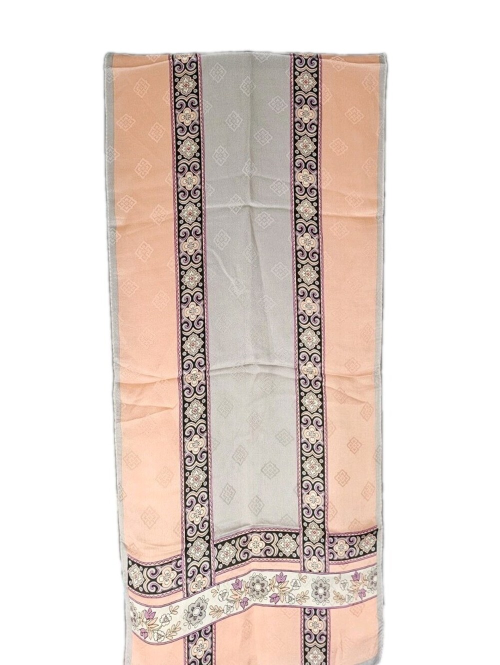 Adrienne Vittadini Silk Scarf Peach Gray Floral Geometric Oblong 14x62 Vintage - Picture 3 of 6